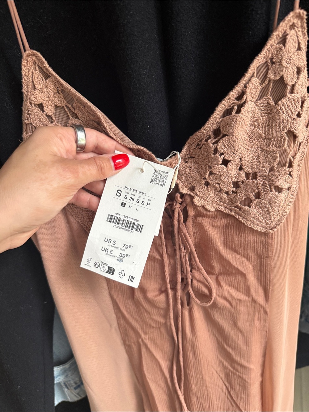 Zara Blush Tan Maxi Slip Dress with Crochet V-Neck - Picture 2 of 2